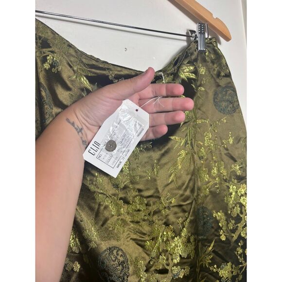 CLIO deadstock VTG Satin Skirt Size 14 Olive Green Asian Inspired Beaded Fringe - Picture 6 of 6